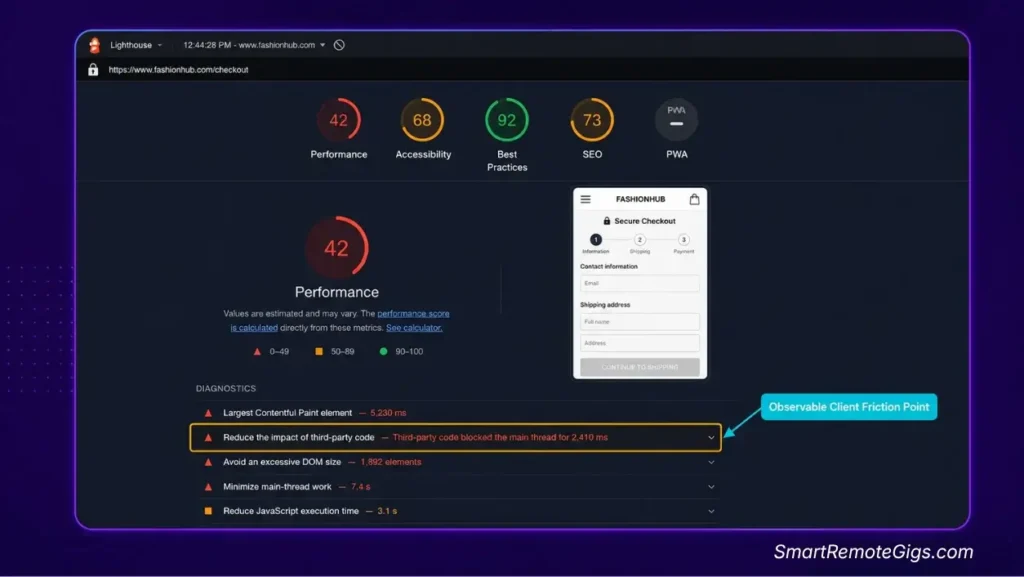 Google Lighthouse performance audit report highlighting mobile Core Web Vitals checkout bottleneck used in freelance cold emailing diagnostic pitch.