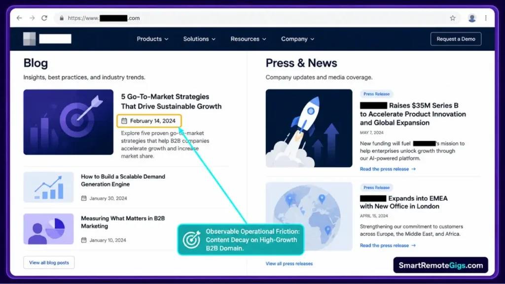 Website audit screenshot identifying visible content decay and operational friction on target B2B prospect domain.