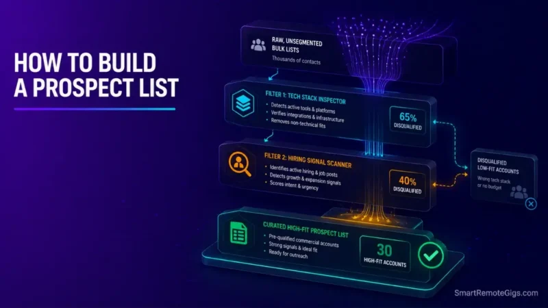 How to build a prospect list 2026 guide hero visual showing B2B signal qualification and ideal client profiling.