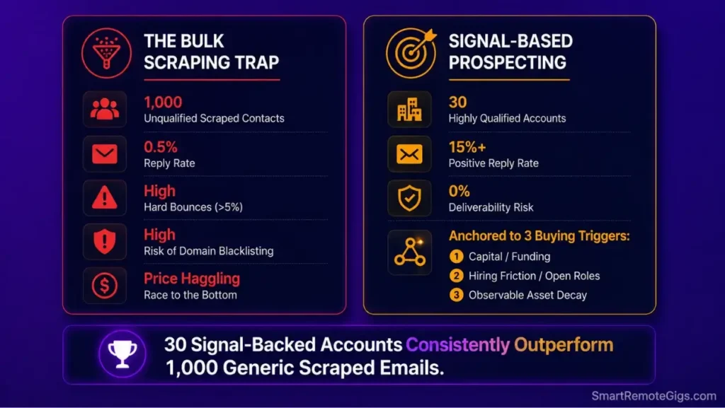 Comparison infographic contrasting generic bulk email scraping against signal-based B2B prospect list qualification.