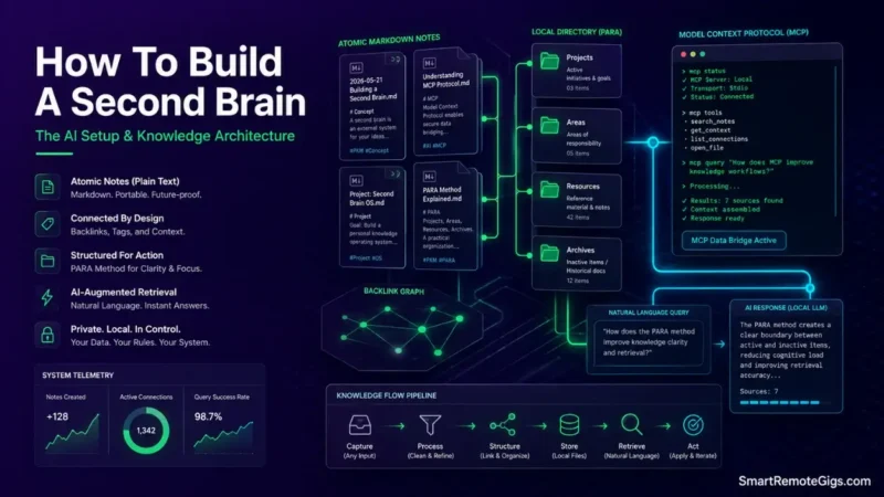 How to build a second brain 2026 AI setup showing modern local knowledge architecture and semantic retrieval pipelines.