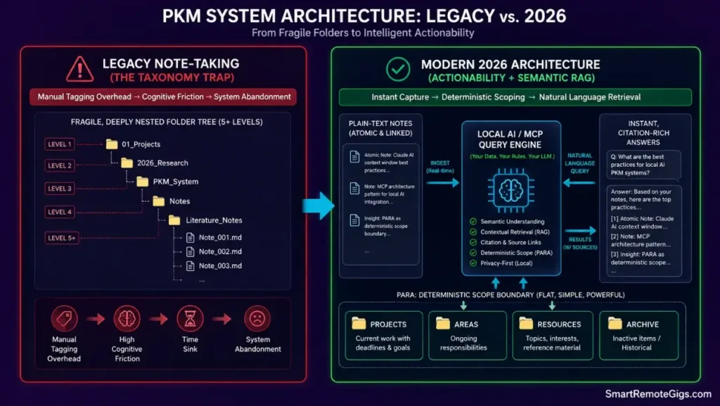 Diagram contrasting legacy manual note tagging with modern 2026 second brain architecture using PARA boundaries and local AI semantic search.