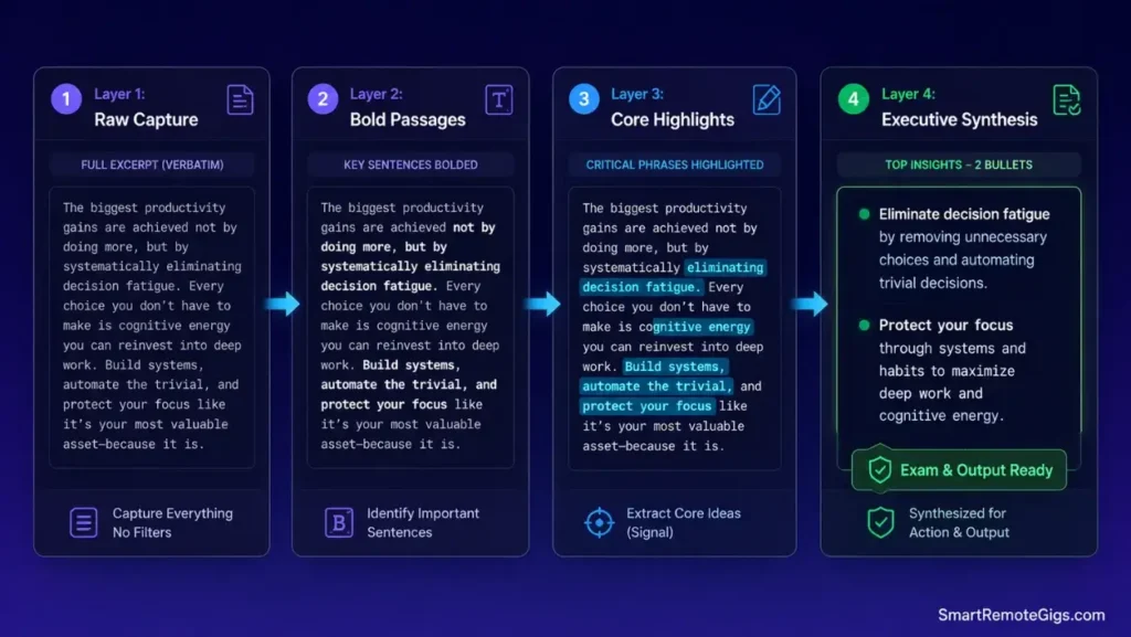 Four-layer progressive summarization process flow showing raw capture, bolding, highlighting, and executive distillation for student note-taking.