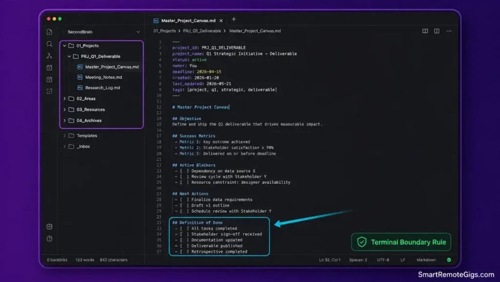 Obsidian local Markdown directory setup showing PARA folder structure and an active project canvas note for knowledge workers.