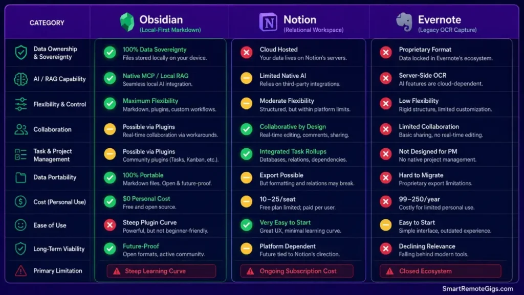 Comparison matrix evaluating Obsidian, Notion, and Evernote across data ownership, local AI compatibility, and total cost of ownership.