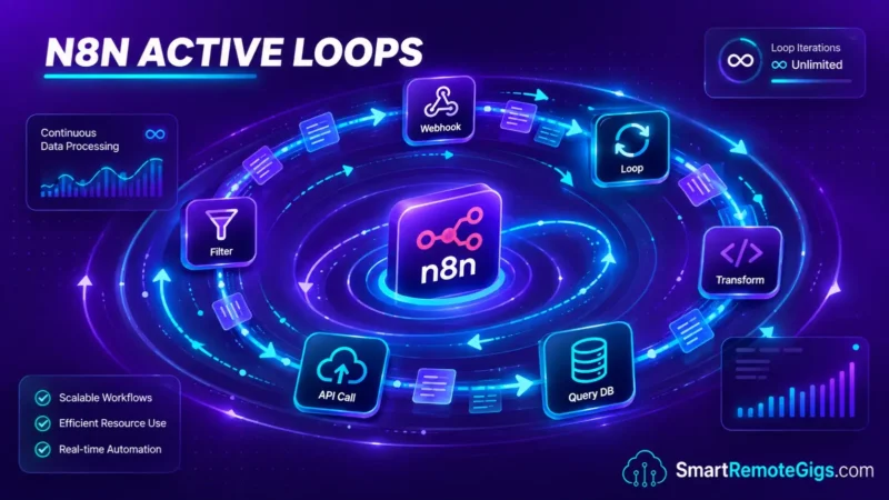 n8n active loops hero graphic showcasing stylized dynamic loops and geometric data node pipelines in dark mode.