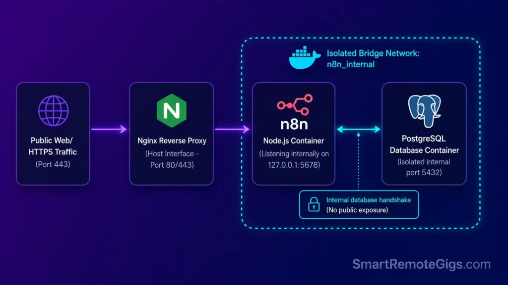 Infrastructure network diagram mapping public web traffic routing through Nginx to an isolated internal Docker bridge network containing n8n and PostgreSQL containers.