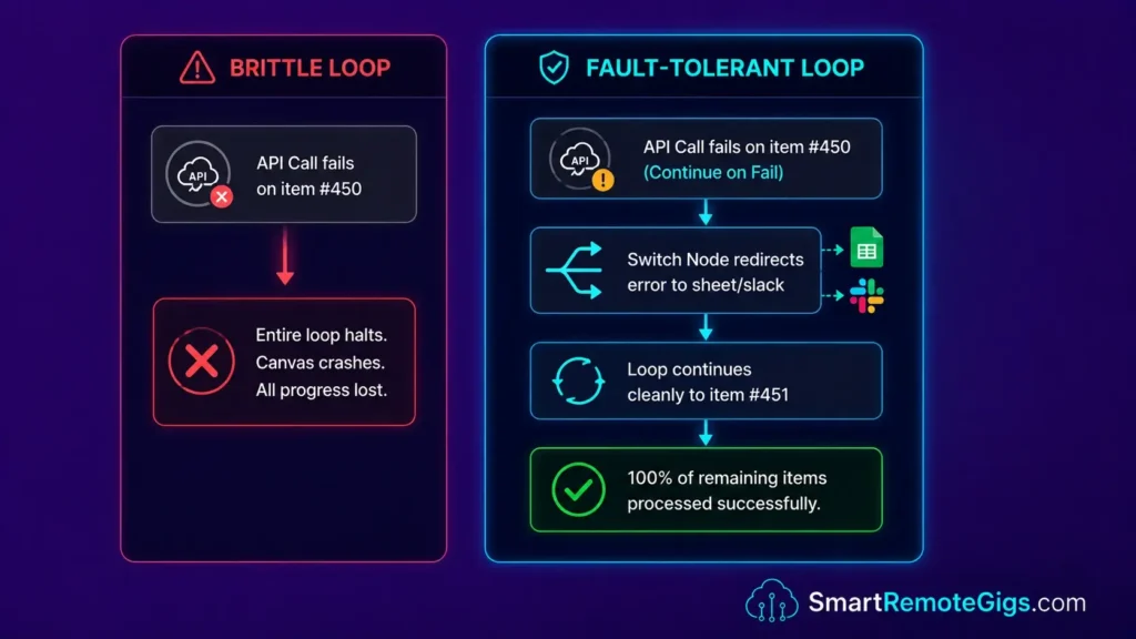 Flowchart comparison comparing the catastrophic failure model of brittle loops against n8n's fault-tolerant error-branching architecture.