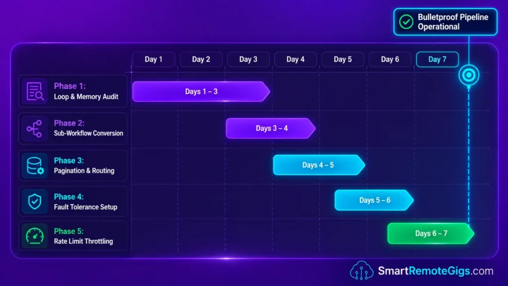 7-day Gantt timeline chart mapping the phases of self-hosted n8n loop optimization from audit to production stabilization.