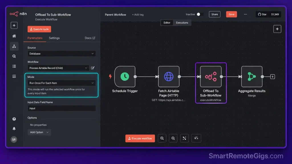 n8n interface screenshot highlighting the Execute Workflow parameter configuration panel set to execute for each item individually to offload memory pressure.
