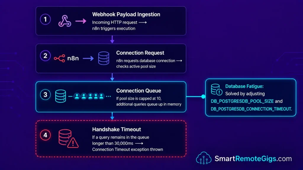 Infographic mapping the n8n to PostgreSQL connection database handshake lifecycle, highlighting the bottleneck queues and timeout failure points.
