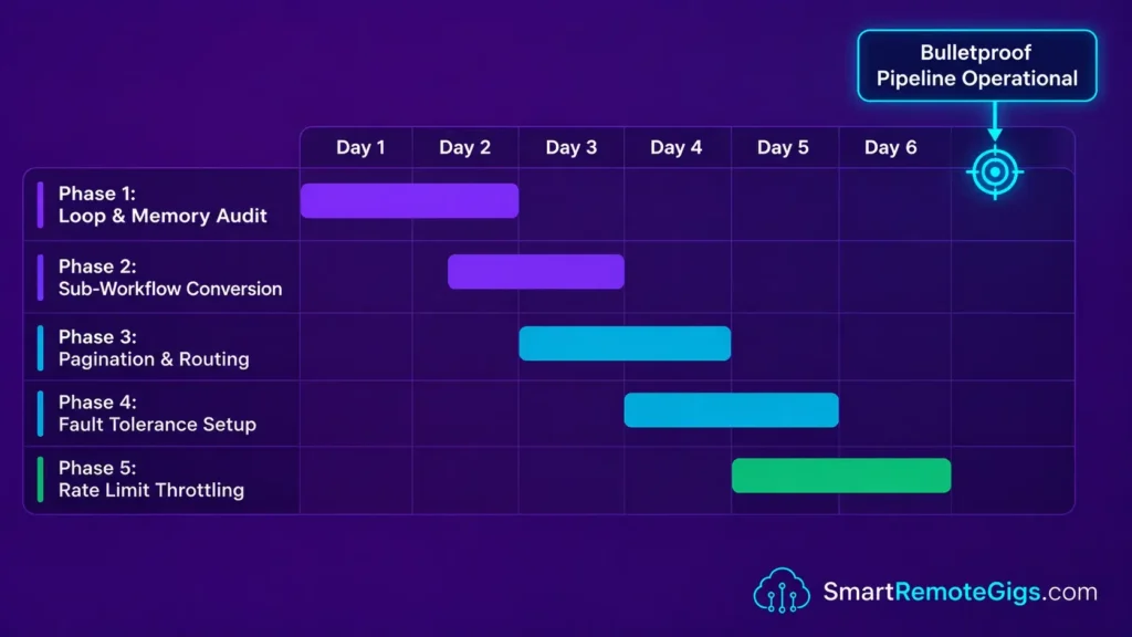 7-day Gantt timeline chart mapping the phases of self-hosted n8n journalist outreach bot deployment from ingestion audit to production launch.