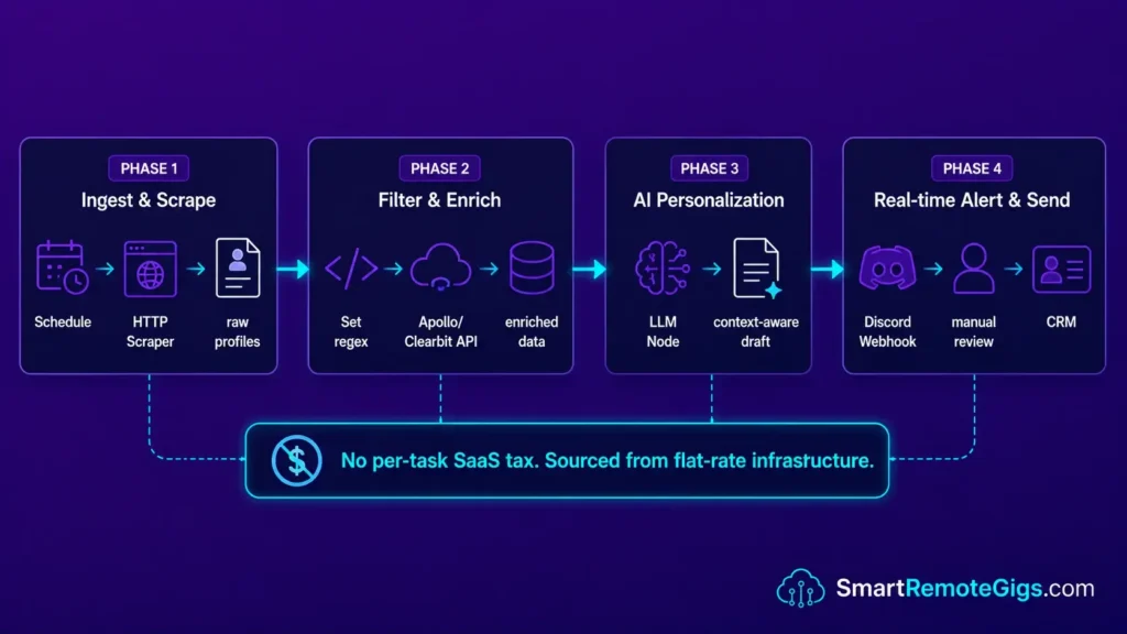 System architecture blueprint showing the four phases of a unified B2B lead generation pipeline powered by self-hosted n8n.