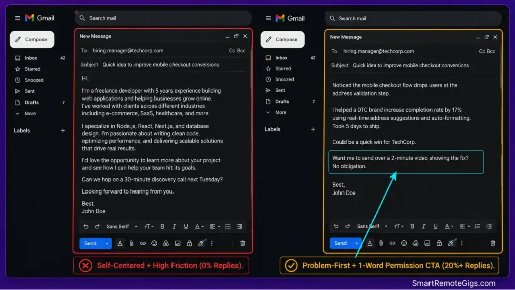 Before and after email copy comparison screenshot fixing self-centered resume pitches into problem-first diagnostic cold outreach.