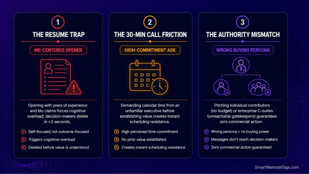 Three root causes explaining why cold emails get no replies including resume openers, call friction, and authority mismatches.