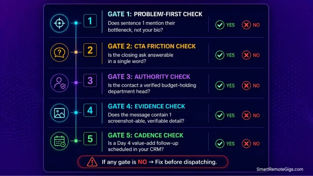 Five-point diagnostic self-audit checklist infographic for troubleshooting why cold emails get no replies before sending.