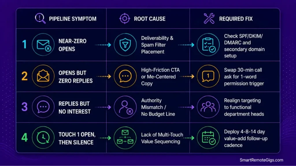 Outreach symptom matrix diagnosing why cold emails get no replies by matching open rates and reply patterns to exact fixes.