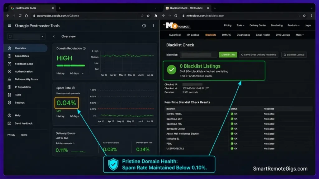 Google Postmaster Tools and MXToolbox dashboard screenshot verifying high domain reputation and zero blacklist listings.