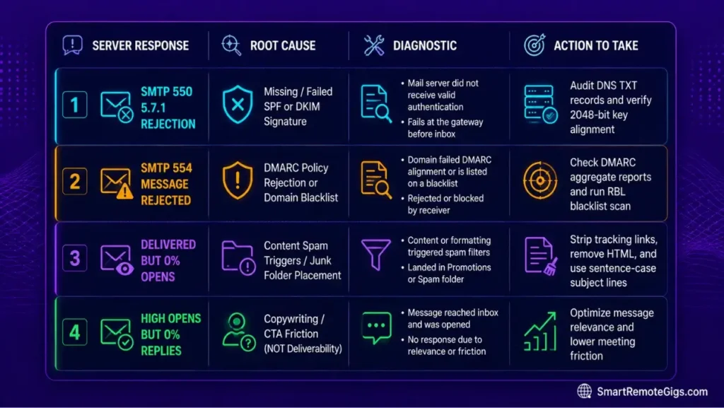 SMTP error code diagnostic matrix translating mail server bounce codes into deliverability and copywriting fixes.