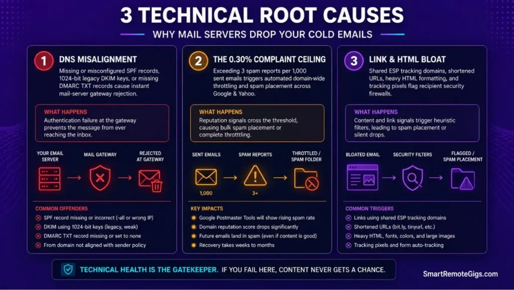Three technical root causes explaining why cold emails go to spam including DNS authentication failure and spam complaint thresholds.