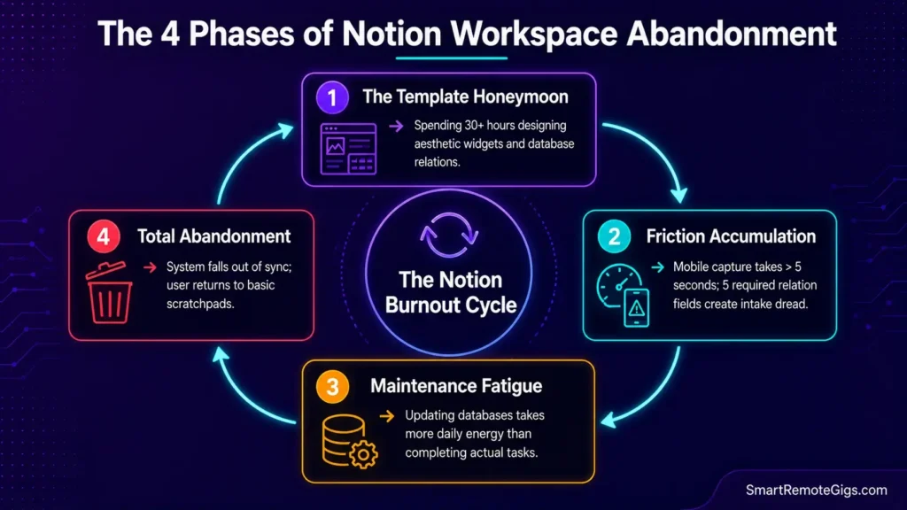 Infographic mapping the Notion burnout cycle from template over-engineering to mobile friction and eventual workspace abandonment.