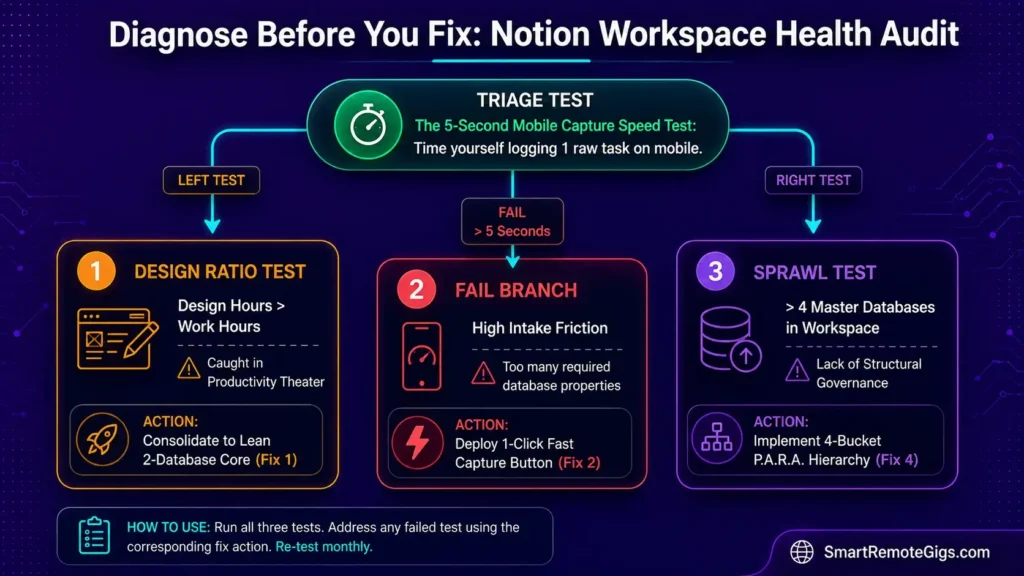 Diagnostic flowchart for auditing Notion workspace health using the 5-second mobile capture test and database ratio benchmarks.