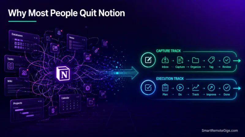 Why most people quit Notion guide showing a dark mode workspace simplification and productivity burnout fix illustration.