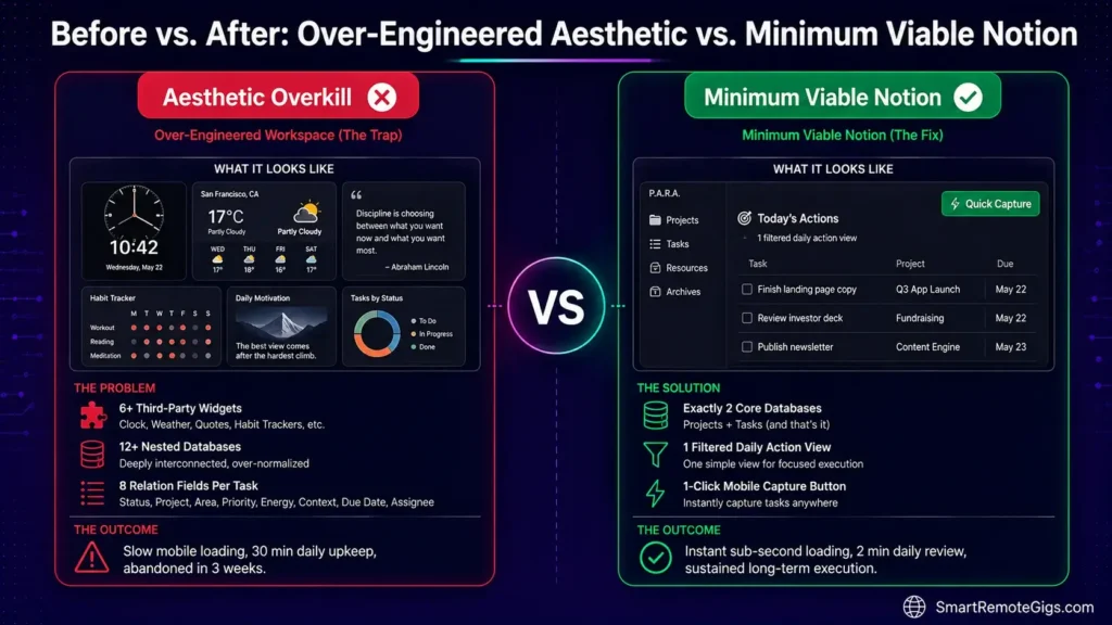 Comparison infographic contrasting an over-engineered Notion template with a lean Minimum Viable Notion 2-database workspace.