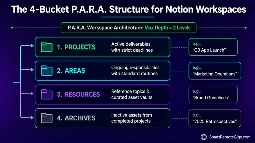 Diagram showing the four-tier PARA method directory structure in Notion to prevent nested folder sprawl and database bloat.