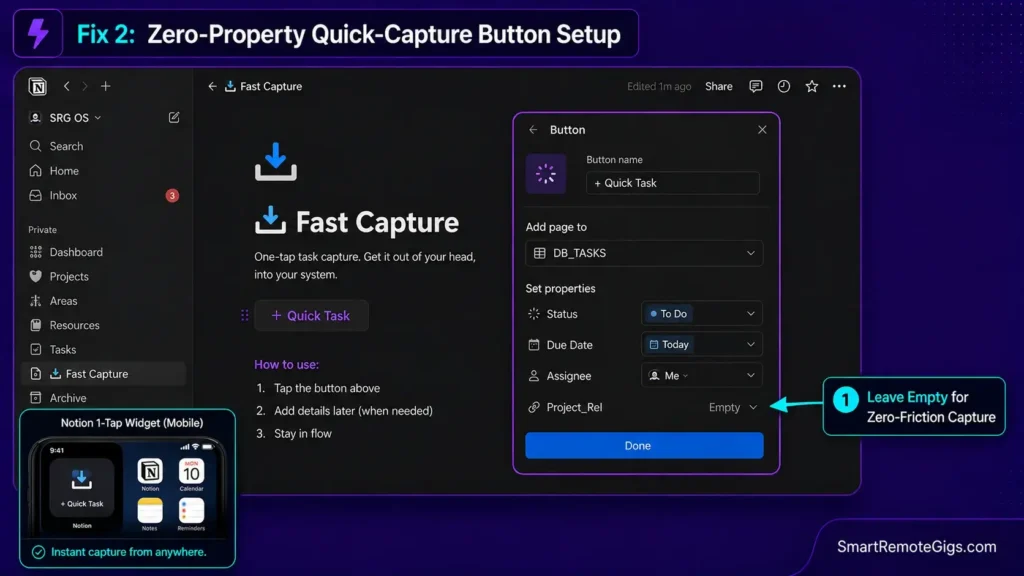 Notion button configuration screenshot demonstrating how to set up a 1-click quick capture button that bypasses database relations.