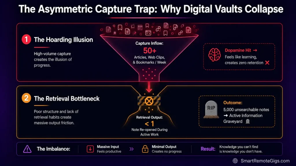 Infographic illustrating the asymmetric capture trap where high-volume note hoarding leads to retrieval bottlenecks and information graveyards.
