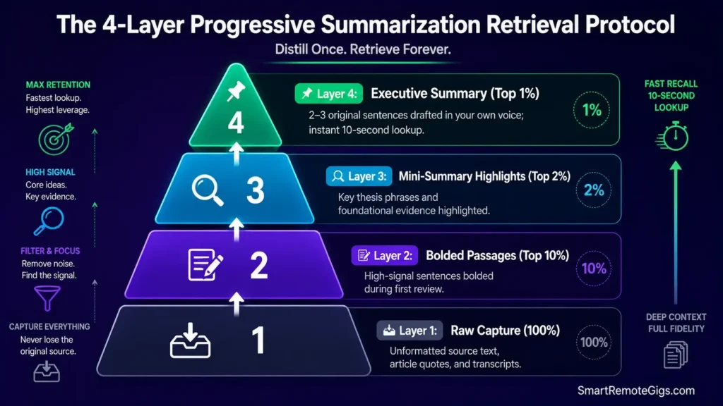 Diagram showing the four layers of progressive summarization from raw capture to bolded text, highlights, and executive summary.