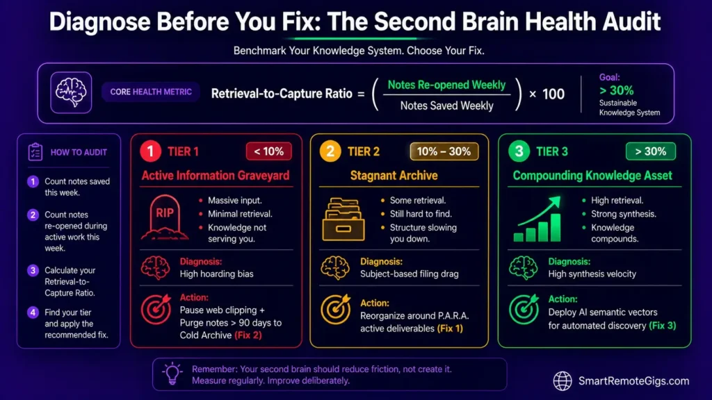 Diagnostic matrix showing how to calculate your Second Brain retrieval-to-capture ratio and identify information decay.