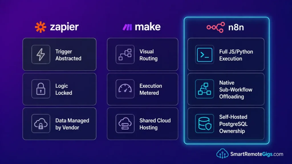 Architecture capability matrix comparing system control, programming environments, and hosting styles of Zapier, Make, and self-hosted n8n.