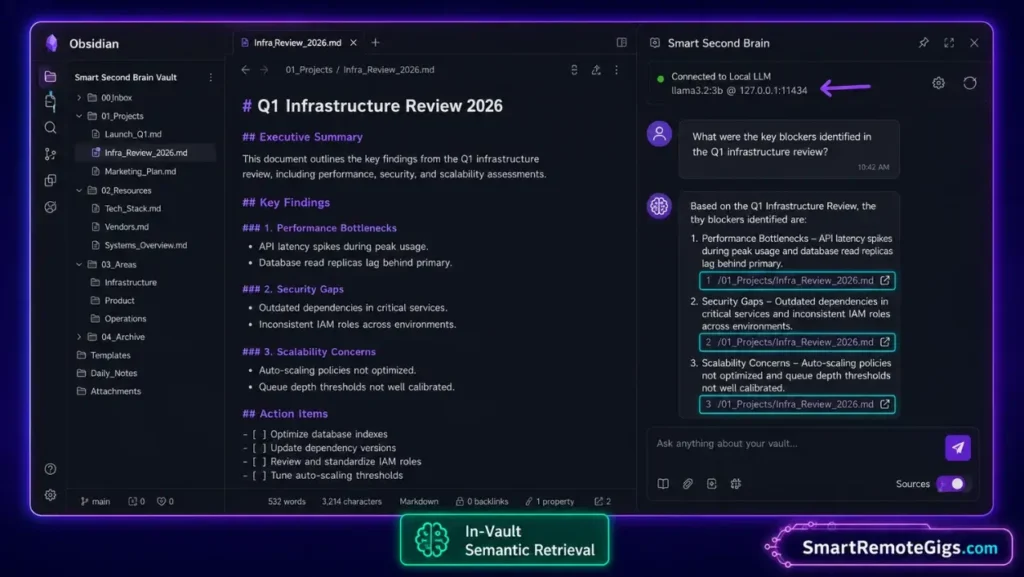 Obsidian in-vault AI chat interface using Smart Connections to query local notes via Ollama with clickable source citations.