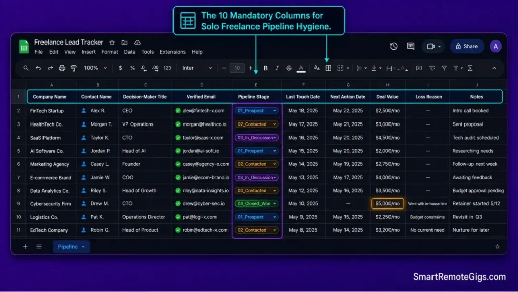 Google Sheets freelance lead tracking spreadsheet screenshot showing 4-stage pipeline columns and deal value schema.