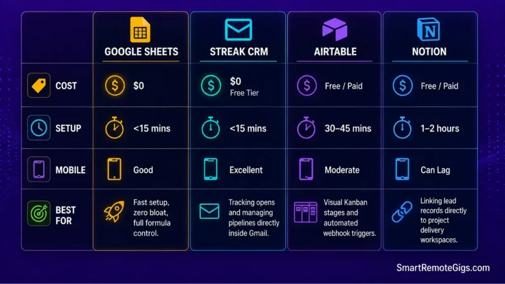 Platform comparison matrix evaluating Google Sheets, Streak CRM, Airtable, and Notion for freelance lead tracking.