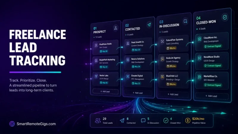 Freelance lead tracking 2026 guide hero visual showing 4-stage CRM pipeline architecture and deal conversion workflow.
