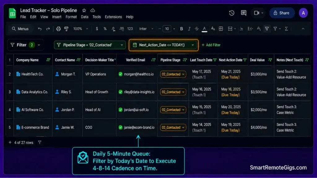 Spreadsheet pipeline screenshot showing Next_Action_Date filter generating daily follow-up queue for freelance lead tracking.