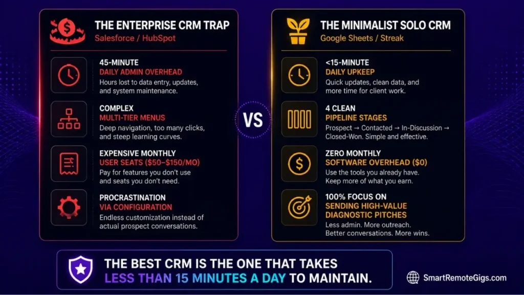 Comparison matrix contrasting enterprise CRM administrative bloat against minimalist freelance lead tracking systems.