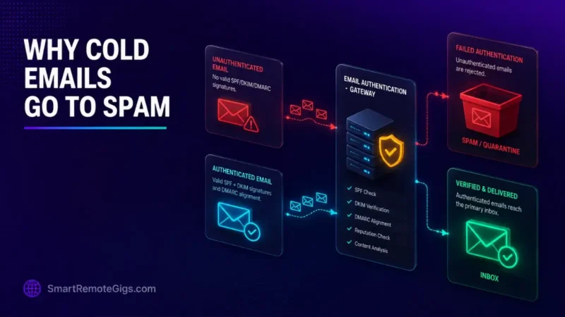Why cold emails go to spam 2026 guide hero visual showing cryptographic DNS authentication, DMARC alignment, and primary inbox placement.