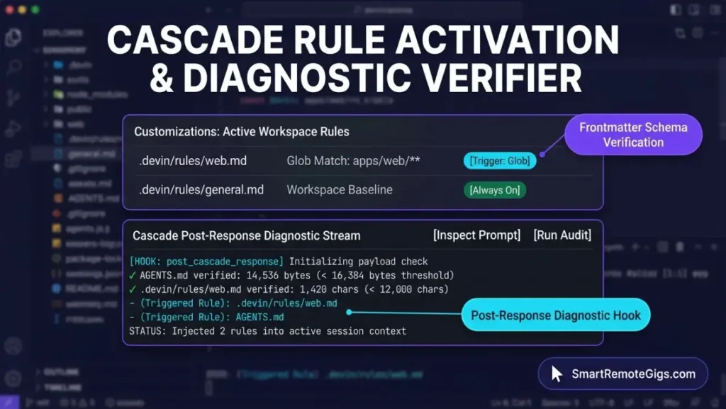Devin Desktop Customizations interface displaying active workspace rules, trigger mode classification badges, and post-response diagnostic stream confirmation.