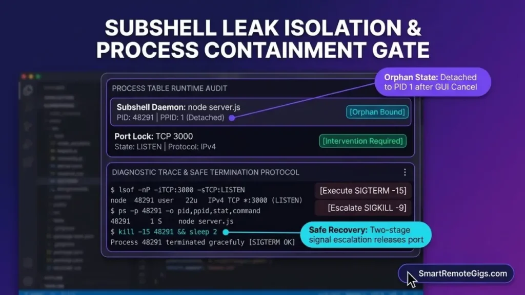 Terminal execution diagnostic interface for Devin Desktop and Windsurf troubleshooting showing orphaned process inspection on port 3000, reparented PID detection, and graceful SIGTERM signal escalation.
