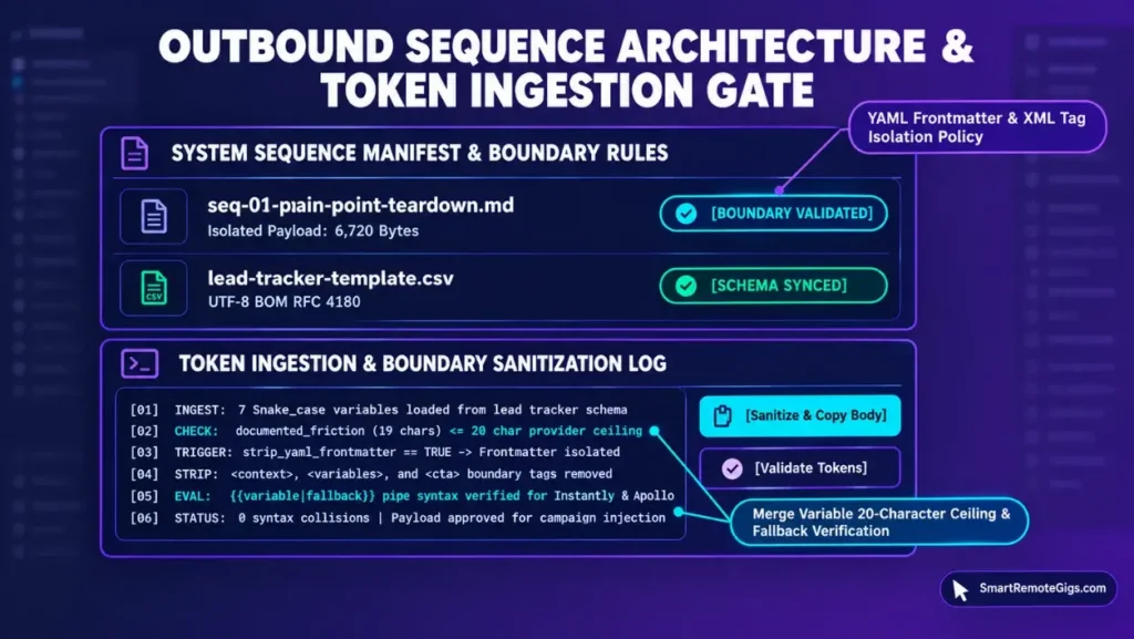 Freelance cold email sequence pack outreach workflow interface state capture showing outbound merge token validation, XML boundary tag sanitization, and campaign payload approval gates.