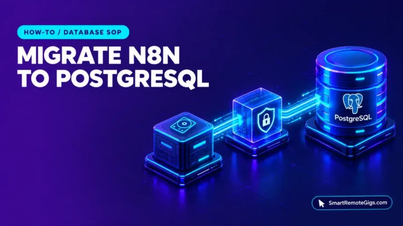 3D isometric technical diagram showing database migration from SQLite storage to PostgreSQL in Docker for n8n