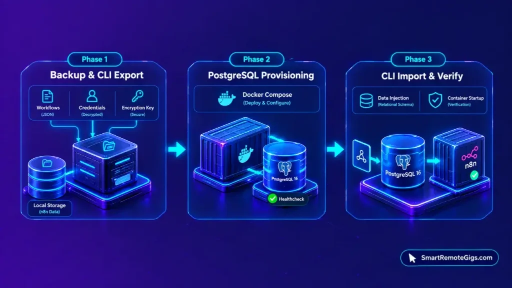 3-phase technical sequence diagram illustrating the n8n SQLite to PostgreSQL migration workflow in Docker