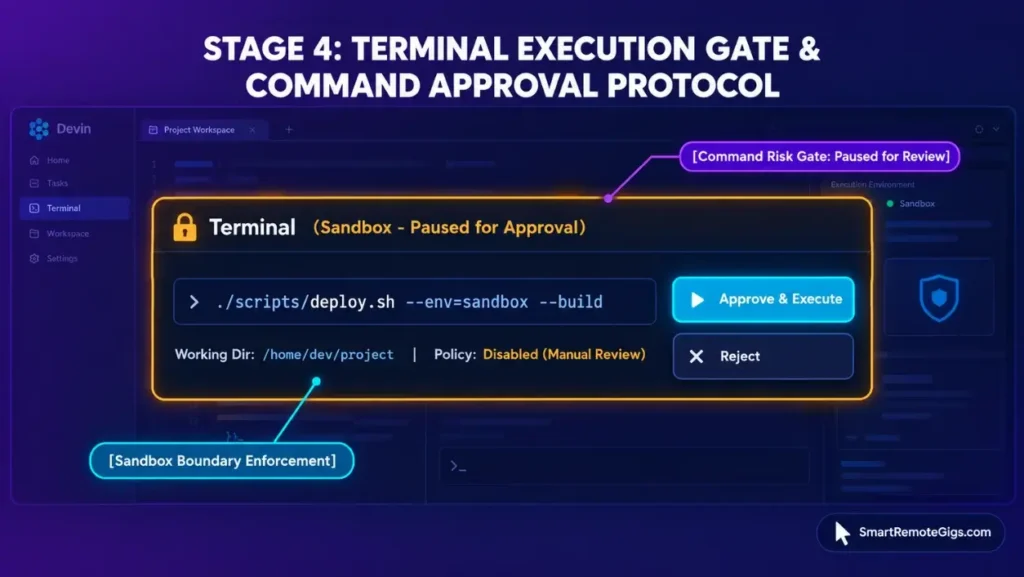 Windsurf Devin Desktop workflow guide interface blueprint detailing terminal execution gates, command approval prompt inspection, and file diff validation controls.