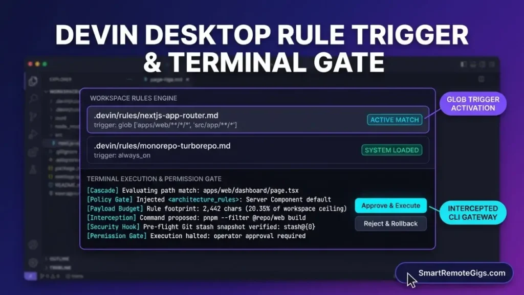 Windsurf production rules pack workflow interface state capture showing visual rule trigger status, YAML frontmatter evaluation, and terminal execution permission controls.